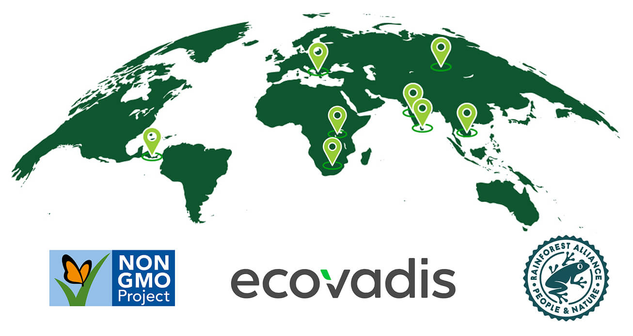 World map highlighting Terova sourcing locations with Non-GMO Project, EcoVadis, and Rainforest Alliance logos