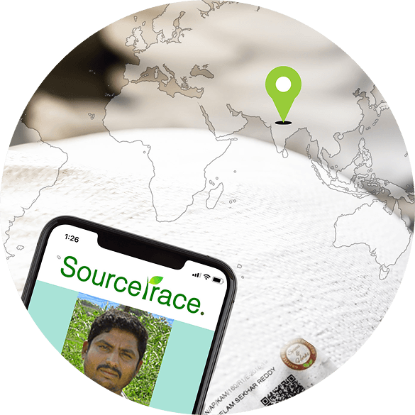 SourceTrace mobile traceability platform displayed over a global sourcing map